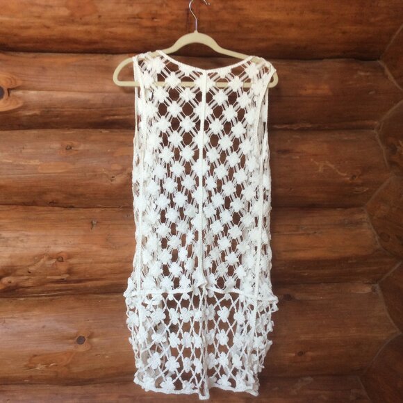 White Crochet/Macrame Festival Boho Open Front Cardigan Duster Vest Size Small* - Picture 2 of 4